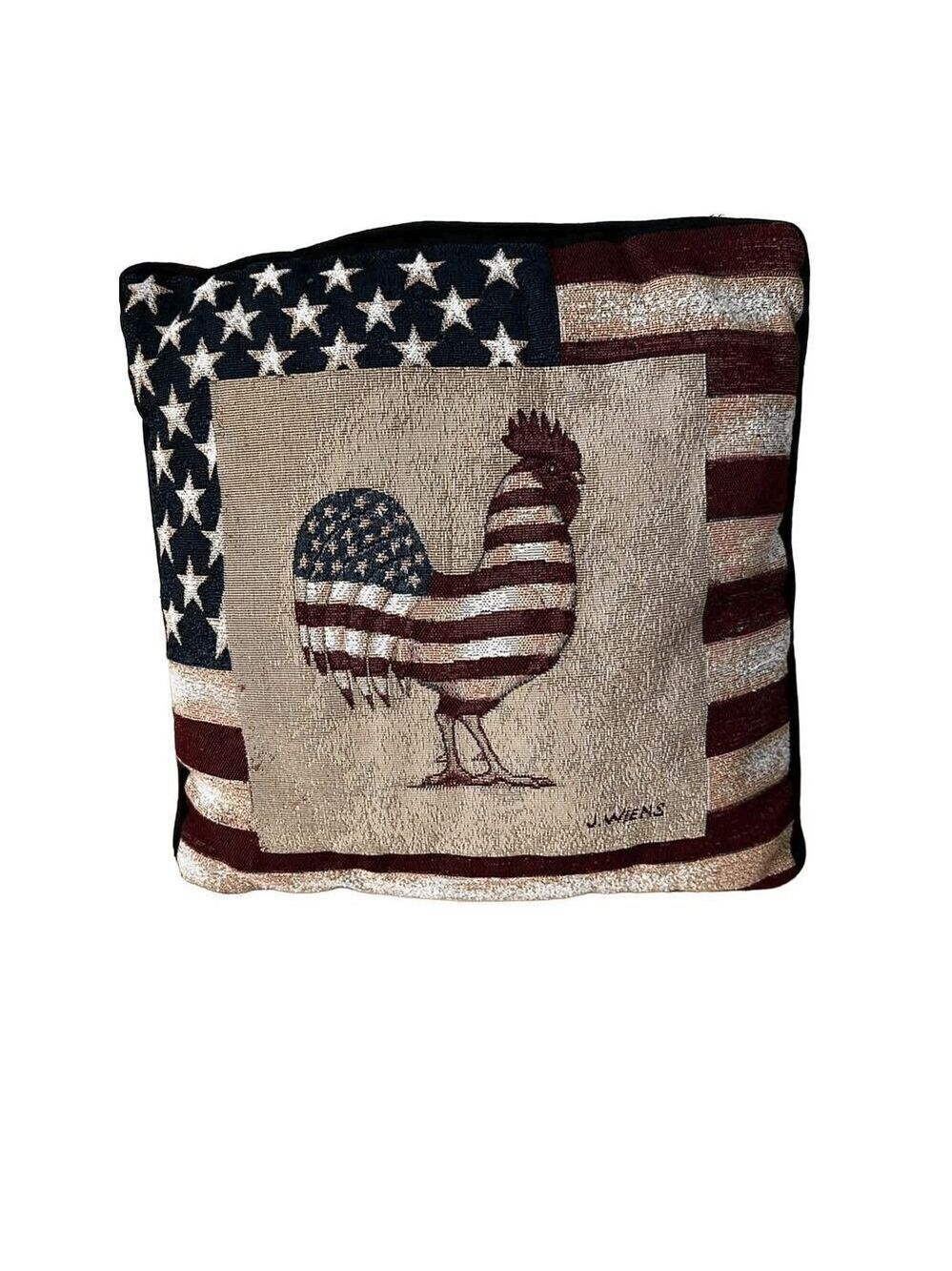 Vintage J. WIENS STARS AND STRIPES PATRIOTIC ROOSTER TAPESTRY PILLOW